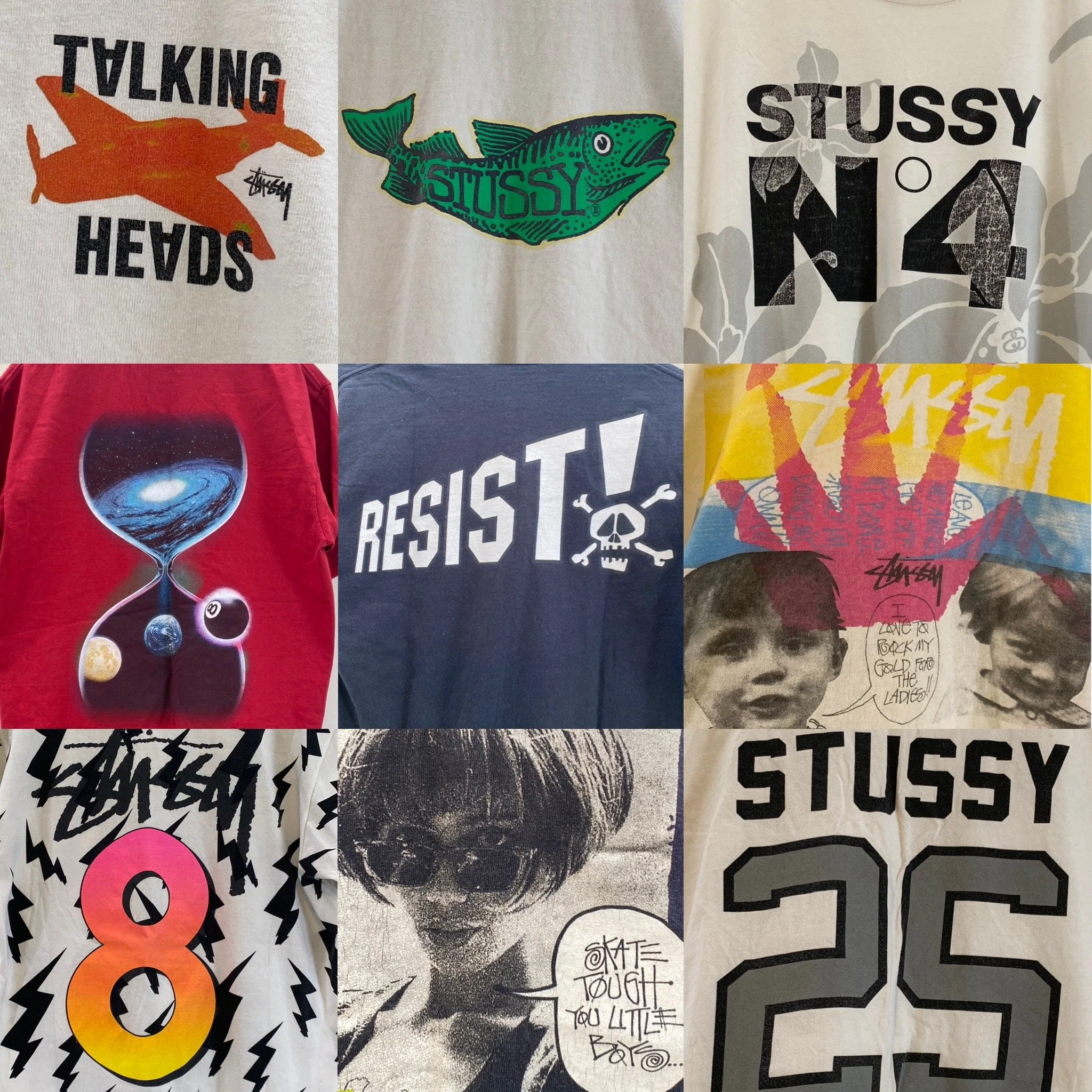 A collage of nine graphic T-shirts featuring various designs, including an orange shark with the text "TALKING HEADS," a green fish with "STUSSY," black and gray "STUSSY N 94," a galaxy and planets, "RESIST" with a skull and crossbones, a comic book style with children and graffiti, a large number 8 with lightning and colorful background, a photo of a woman with sunglasses and a speech bubble, and a large number 25 with "STUSSY".