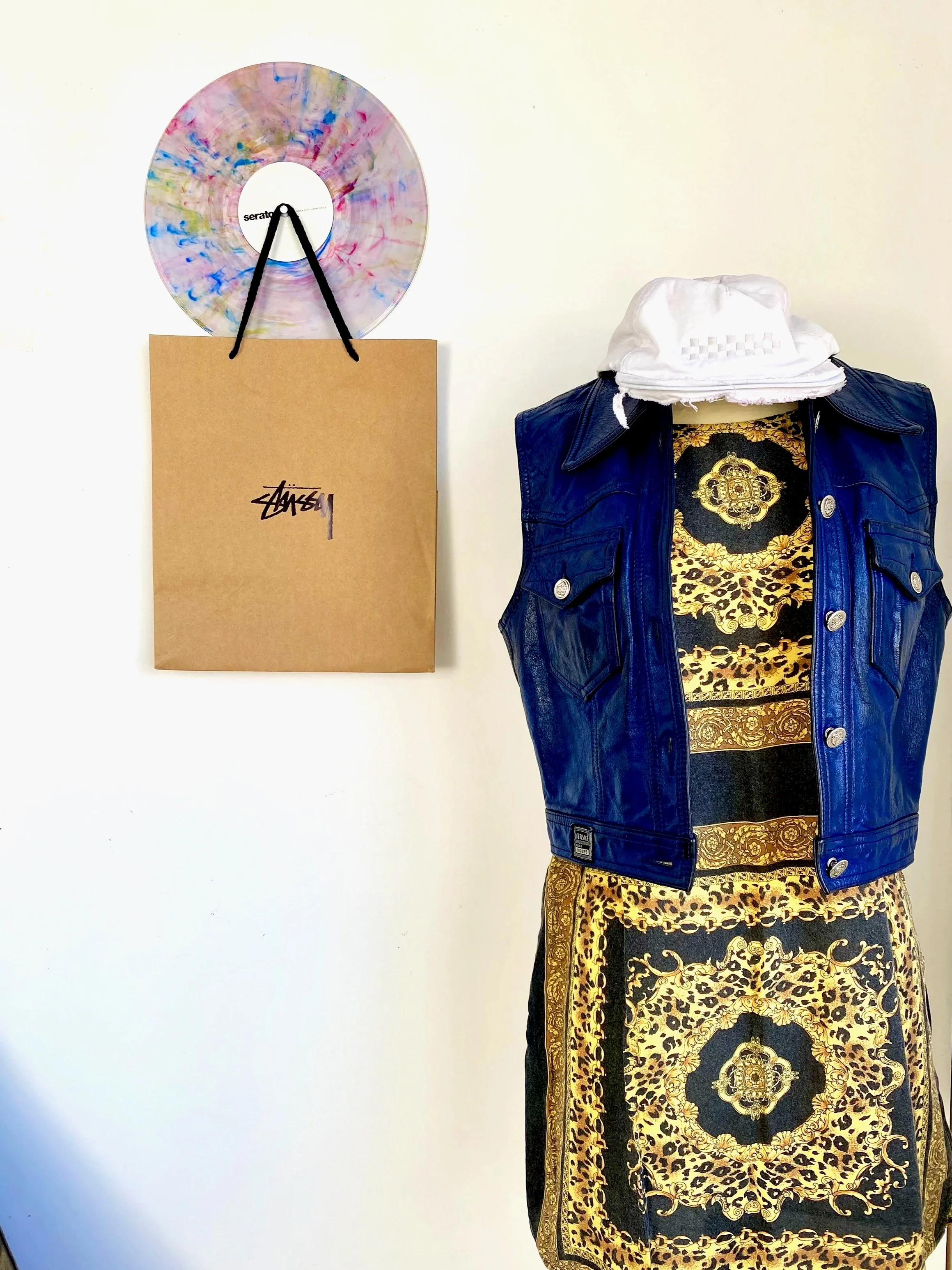 Vintage Versace midnight blue leather waistcoat . Stussy 'Versace' Baroque print dress.