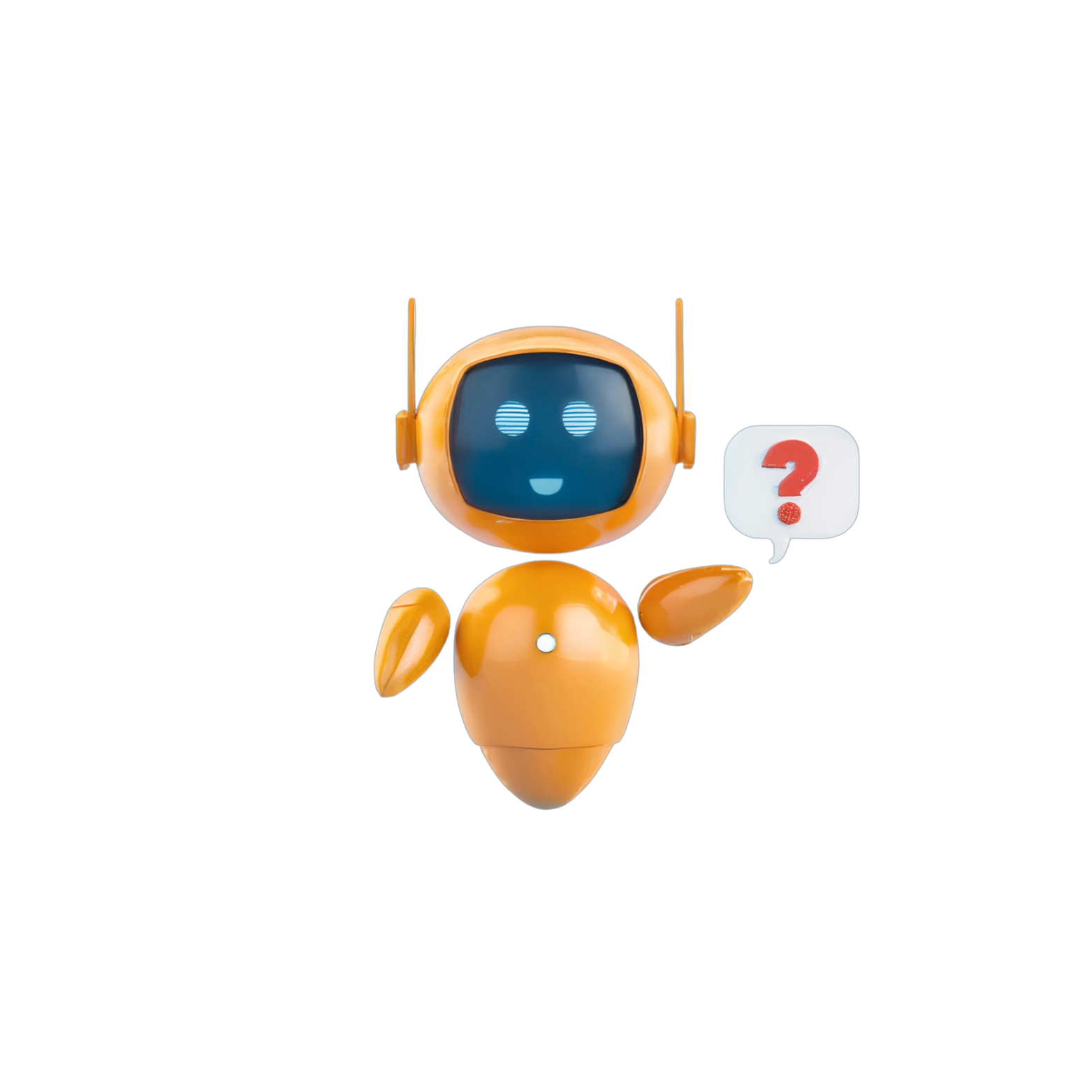 An orange robot with a round head, a face screen with eyes and a mouth, and a body with a single white button on the chest, holding a speech bubble with a red question mark and a question mark inside a white speech bubble.