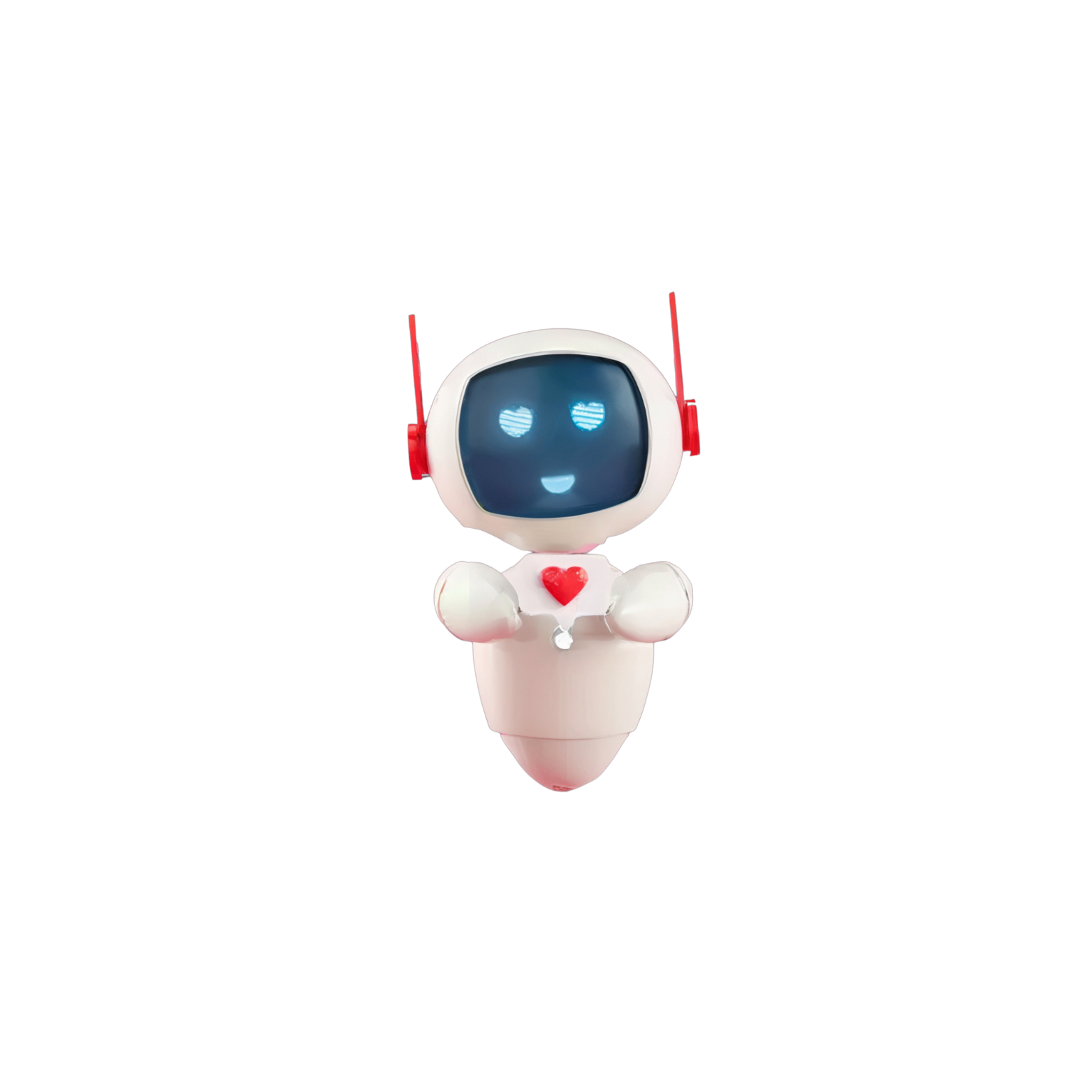 A cute white robot with a blue, smiling screen face that has animated eyes and a smiling mouth, holding a red heart in front of its chest, set against a black background.