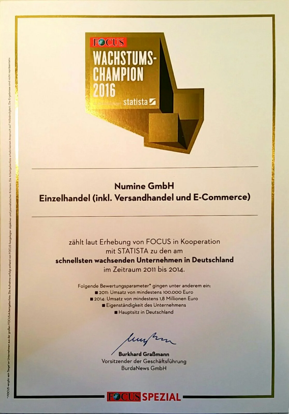 Numine GmbH ist Wachstums-Champion 2016