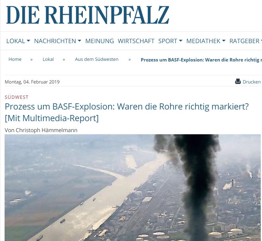 Prozess um BASF-Explosion // RA Schabbeck in der RHEINPFALZ Ausgabe 04/02/19