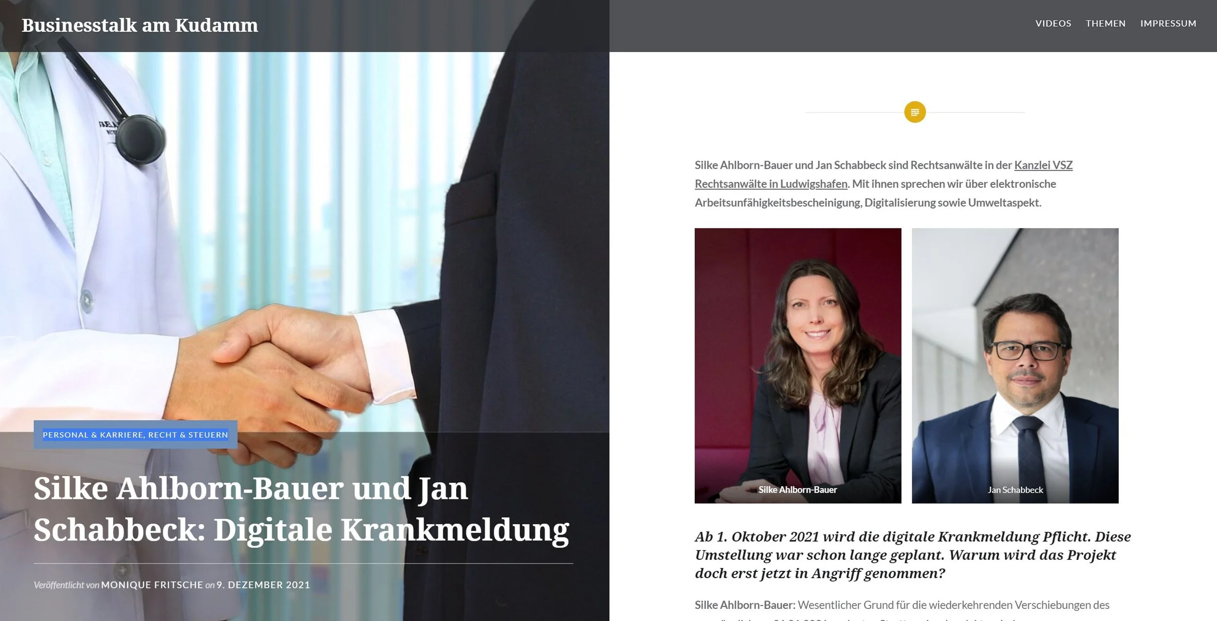 Businesstalk am Kudamm / RA Silke Ahlborn-Bauer und RA Jan Schabbeck zu Digitale Krankmeldung - 