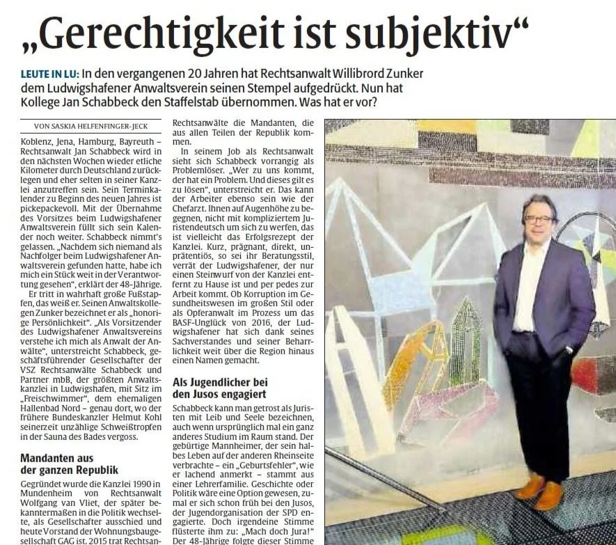Die Rheinpfalz berichtet | Ra. Jan Schabbeck übernimmt Vorsitz des Ludwigshafener Anwaltsvereins