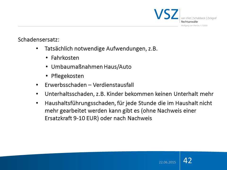 Dokument mit Überschrift 'Schadensersatz' und Listenpunkten zu verschiedenen Schadensarten, Datum 22.06.2015, Seitenzahl 42.