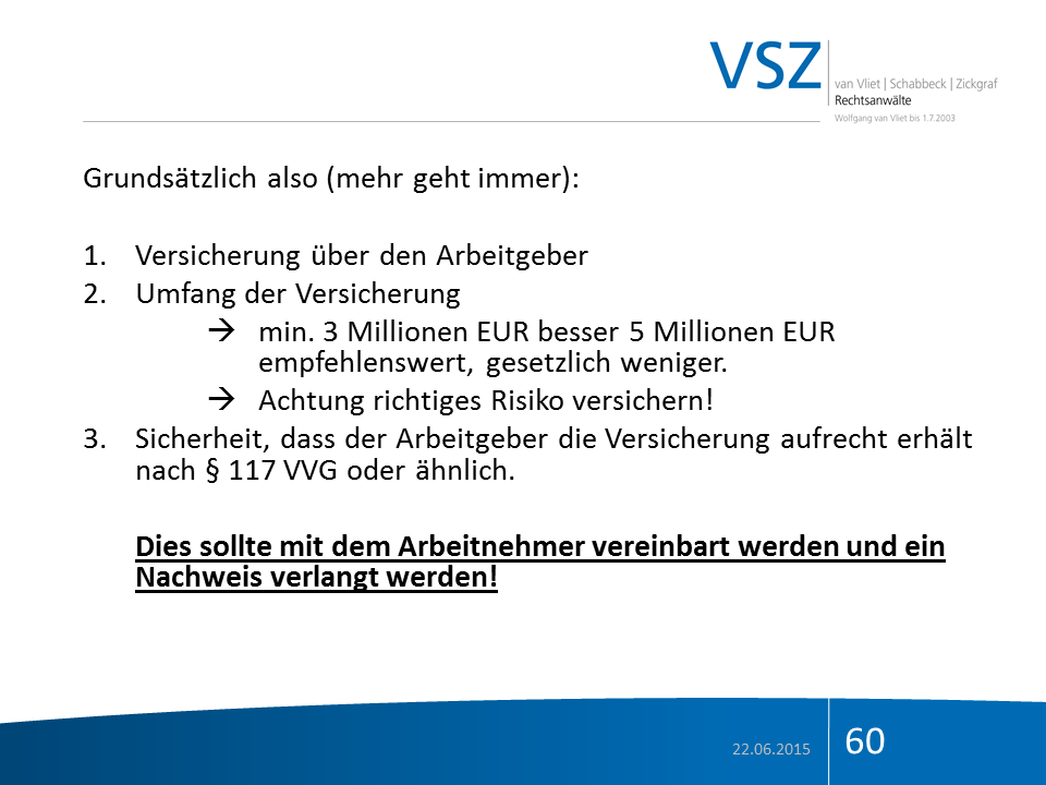 Folie mit Text über Versicherung und Arbeitsschutz, Datum 22.06.2015, Seite 60, blauer und weißer Gestaltung, Logo VSZ