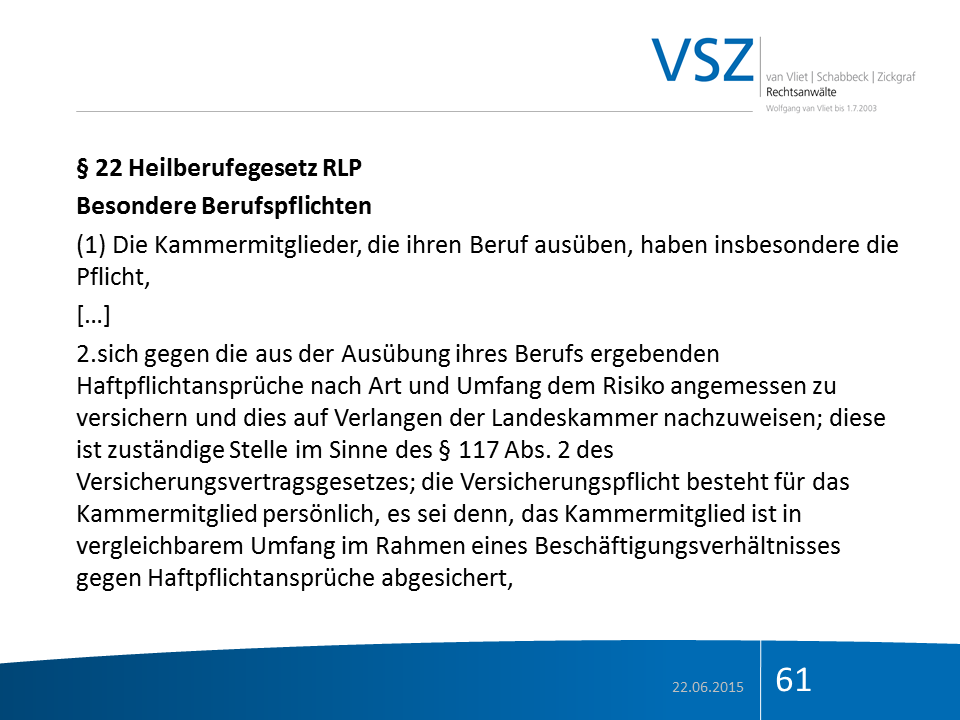 Dokument mit dem Titel § 22 Heilberufegesetz RLP, besondere Berufspflichten, vom 22.06.2015, Seite 61, Deutscher Text, Logos und rechtlicher Textinhalt.