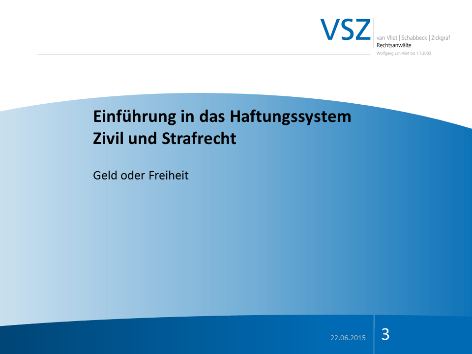 Titelseite eines Dokuments über das Haftungssystem im Zivil- und Strafrecht mit dem Titel 'Einführung in das Haftungssystem Zivil und Strafrecht', Datum 22.06.2015, Seite 3, vom VSZ.