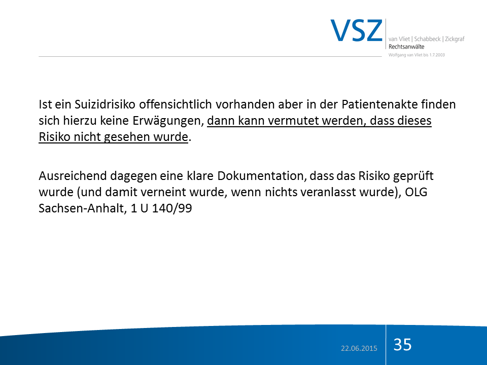 Folie einer Präsentation mit dem Titel VSZ und einem Textblock über Suizidrisiko und Dokumentation, sowie das Datum 22.06.2015 und die Seitenzahl 35.