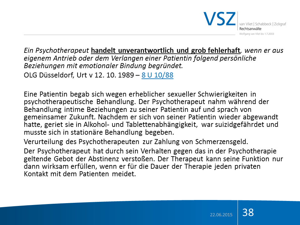 Akte mit dem Titel 'VSZ' und einem Textabschnitt über Psychotherapie, mit Datum 22.06.2015 und Nummer 38.