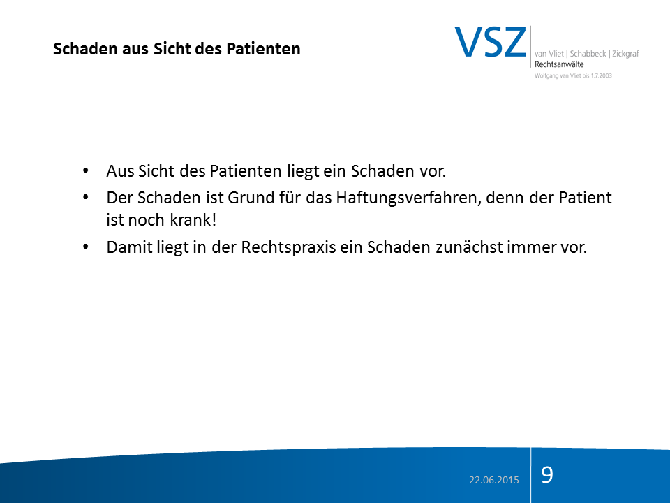 Folie mit dem Titel 'Schaden aus Sicht des Patienten' und drei bullet points, die die Sicht des Patienten auf Schaden und Haftung im Rechtssystem erklären.