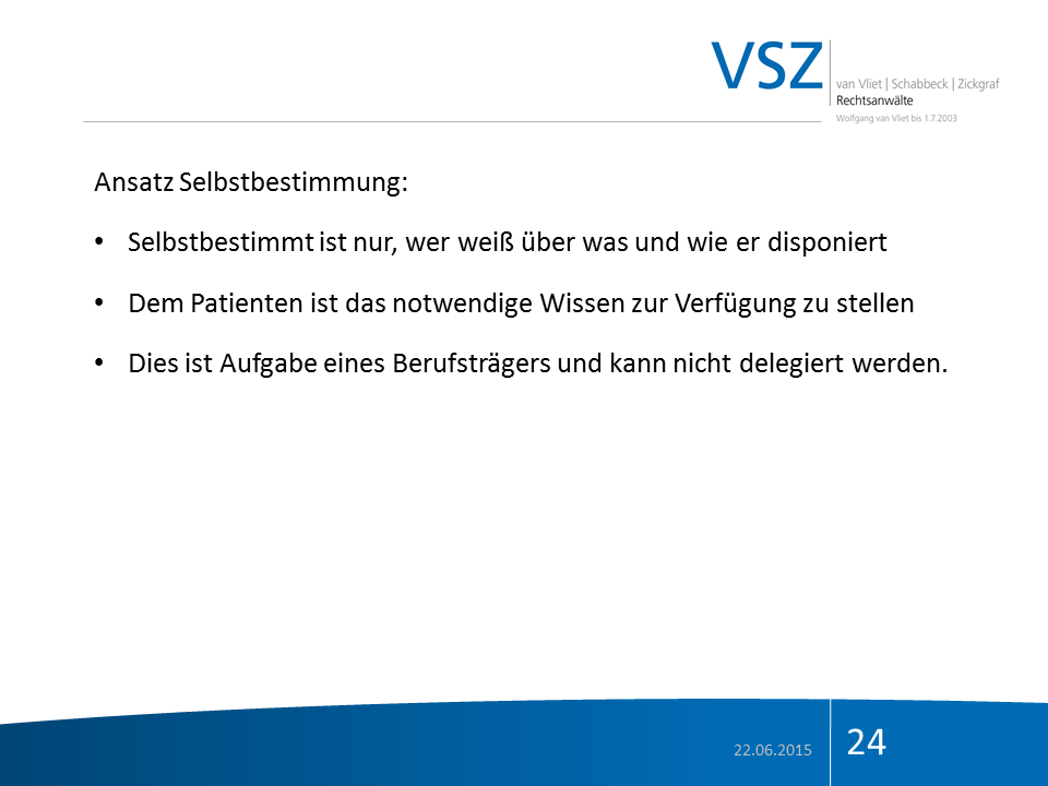 Folie mit dem Titel 'Ansatz Selbstbestimmung' und Text in Deutsch, weiße Hintergrund, blaue Akzente, Datum 22.06.2015, Seitenzahl 24.