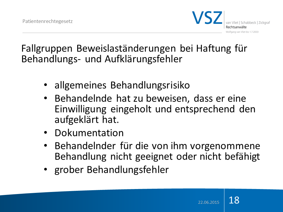 Slide mit Text über Haftungsgrundlagen bei Behandlungs- und Aufklärungsfehler, inklusive Stichpunkten und Datum 22.06.2015.