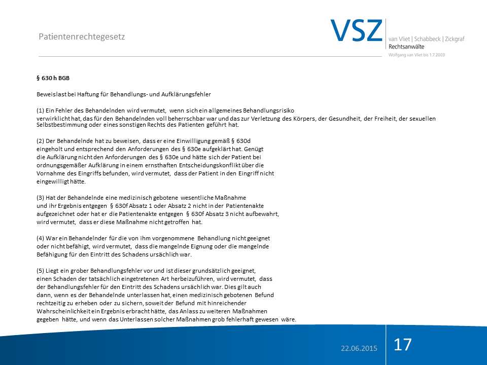 Titelblatt eines juristischen Dokuments zum Patientenrechtegesetz mit Überschrift § 630 h BGB, Datum 22.06.2015, Seitenzahl 17, blaue Gestaltung