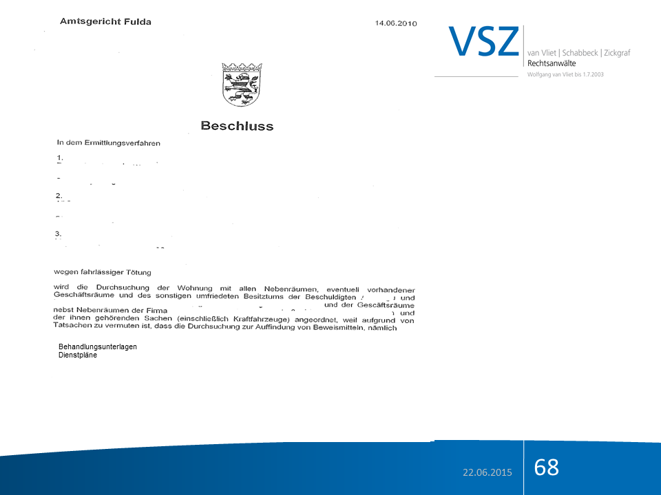 Das Dokument ist ein Urteil des Amtsgerichts Fulda vom 14.06.2010. Es enthält das Beschlusssymbol, eine Wappen-Illustration, und das Logo der Kanzlei VSZ mit den Namen von Rechtsanwälten. Es ist im Rahmen eines Ermittlungsverfahrens wegen fahrlässige
