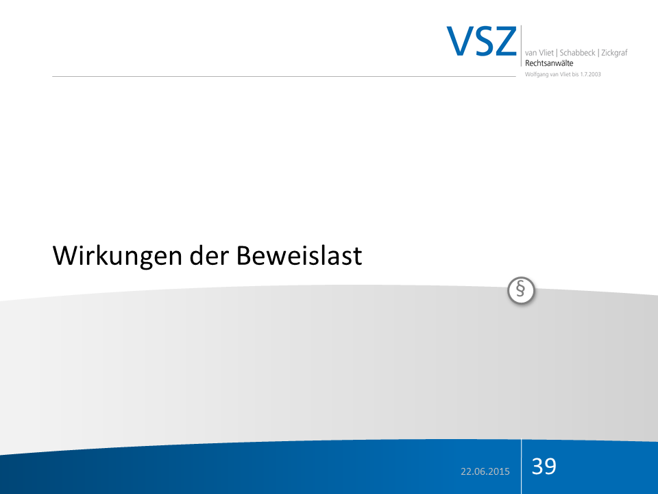 Präsentationsfolie mit Titel 'Wirkungen der Beweislast' von einer juristischen Präsentation, Datum 22.06.2015, Seite 39, in deutscher Sprache.