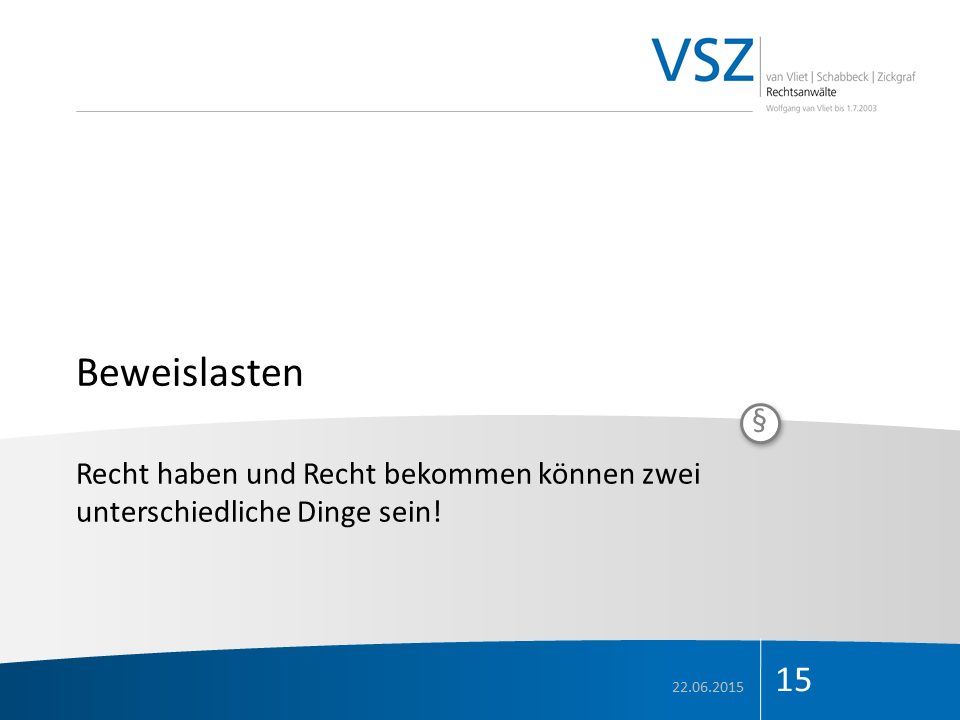 Titelfolie einer Präsentation mit dem Logo VSZ, Thematik 'Beweislasten'.