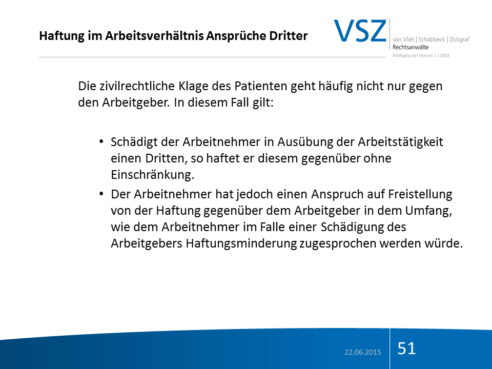 Dokumentseite mit dem Titel "Haftung im Arbeitsverhältnis Ansprüche Dritter" und dem Logo "VSZ" in der oberen rechten Ecke. Enthält Text zu zivilrechtlichen Klagen von Patienten gegen Arbeitgeber, mit Stichpunkten zu Haftung und Schadenersatz.