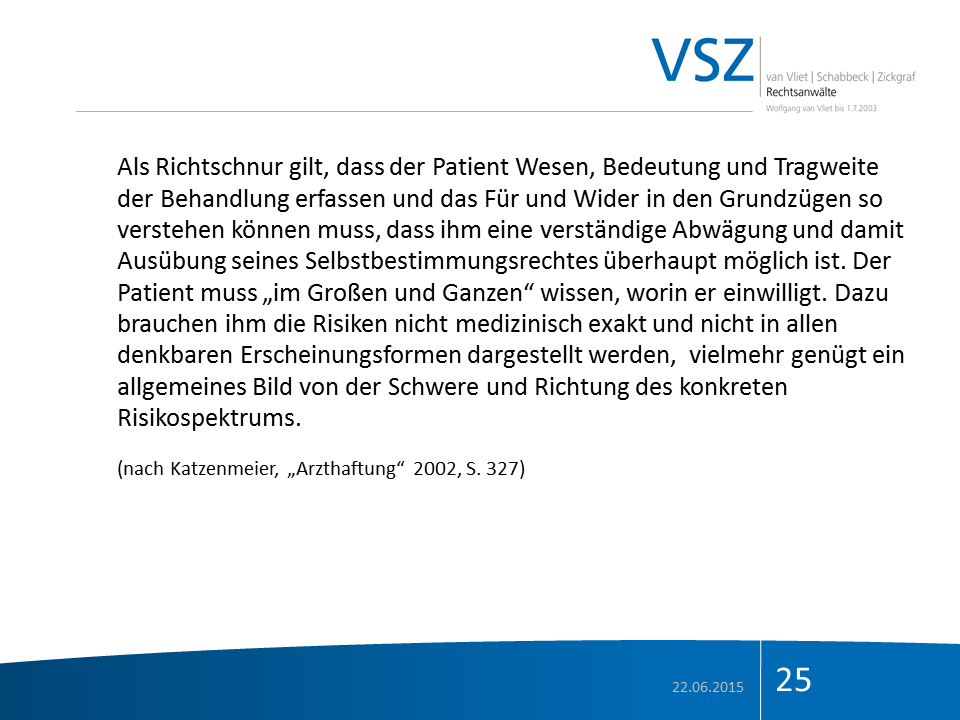 Eine Seite eines Dokuments mit einem Zitat über die Bedeutung der Risikobeurteilung in der Medizin, inklusive Fußnote und Datum 22.06.2015, Seite 25.
