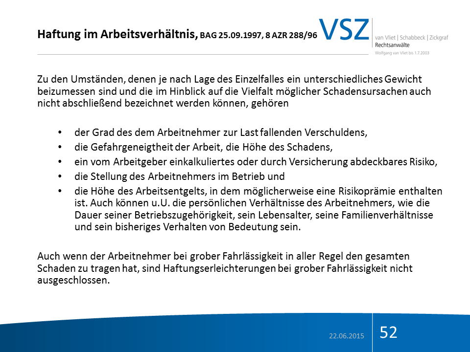 Dokument über Haftung im Arbeitsverhältnis vom 25.09.1997, mit Bezug auf Arbeitsrecht, Risiken, Schadenshöhe, Beschäftigung und Haftungsvereinfachungen, versehen mit Datum 22.06.2015, Seite 52.