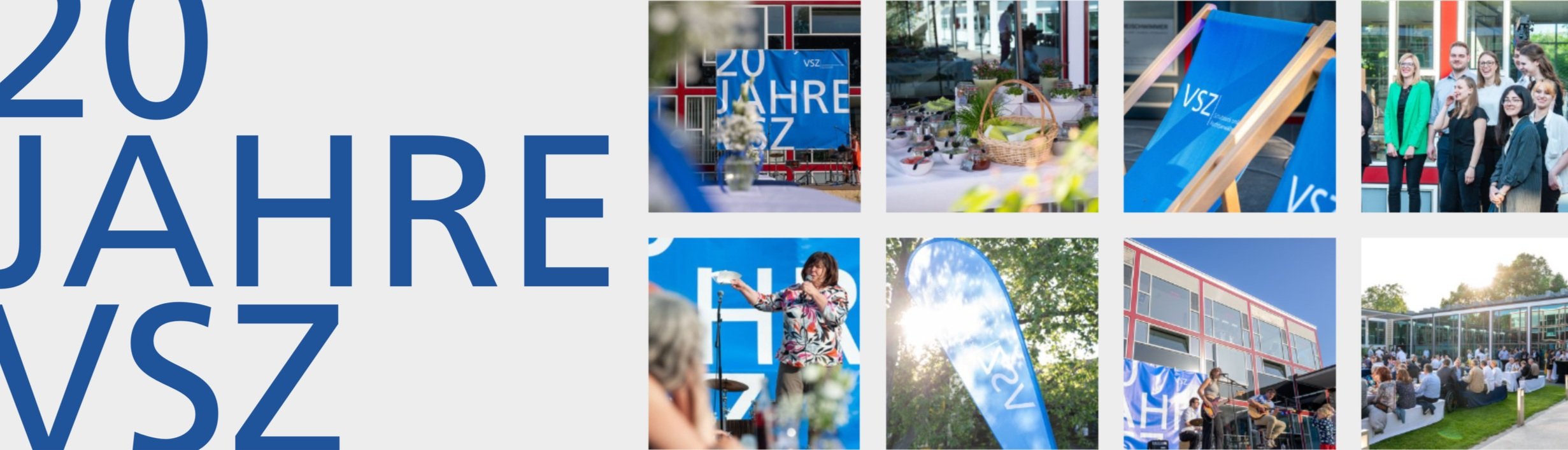 Sammlung von Fotos bei einer Feier zum 20-jährigen Jubiläum von VSZ, inklusive Banner, Tischen, Bühnenauftritt mit Sänger, Gruppenfoto, Outdoor-Event mit Publikum und moderner Veranstaltungsfläche.