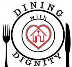 Logo for 'Dining with Dignity' featuring a fork, a plate, and a heart with a house and cross inside.
