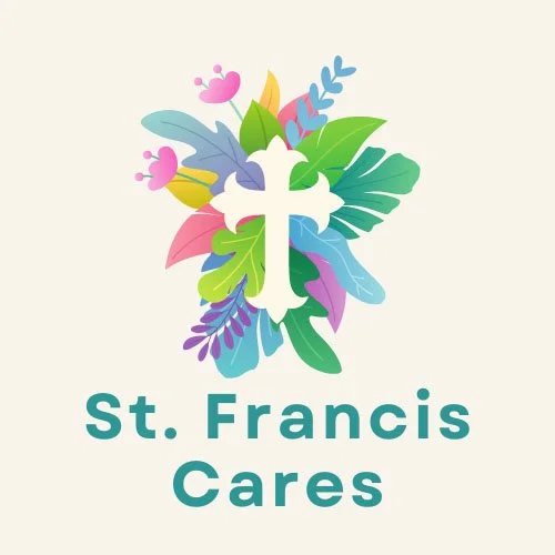 Colorful floral design with a white cross in the center and the text 'St. Francis Cares' below.