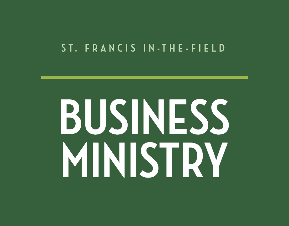 Church logo with church name and ministry name in white on dark green background.