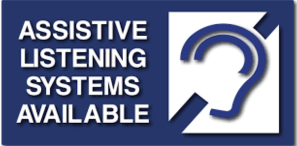 Blue sign with white text saying 'Assistive Listening Systems Available' and an icon of a person's head with an ear symbol.