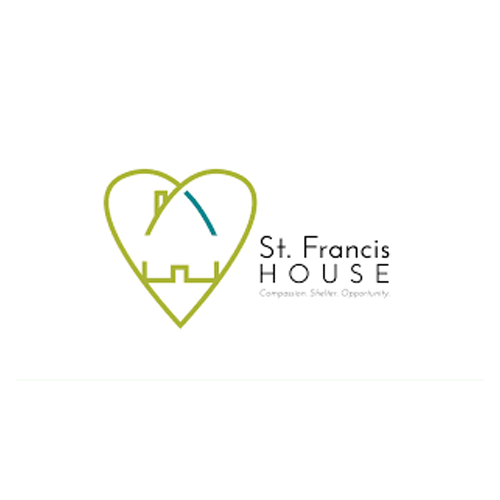 Logo for St. Francis House featuring a heart-shaped outline with a stylized city skyline and a gauge, along with the text 'St. Francis House' and the tagline 'Compassion. Shelter. Opportunity.'