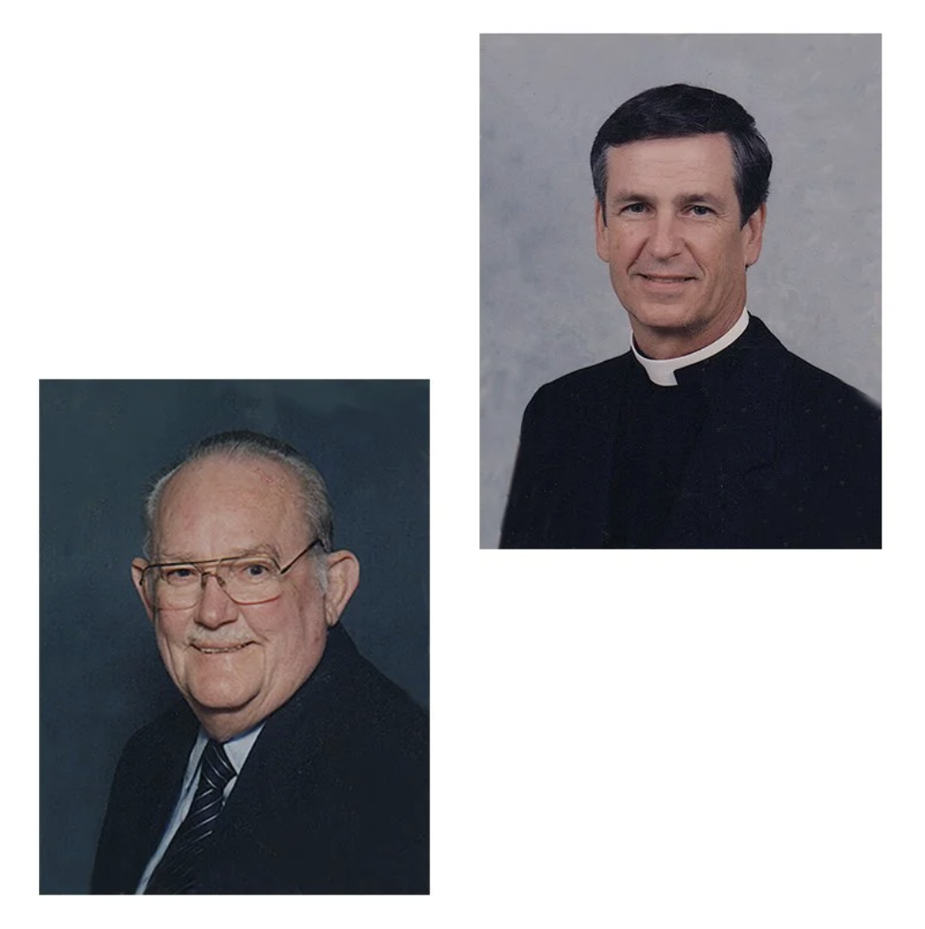Portraits of two men, one older with glasses and slicked-back gray hair wearing a suit and tie, and one younger with dark hair wearing a Catholic priest's collar and black shirt.