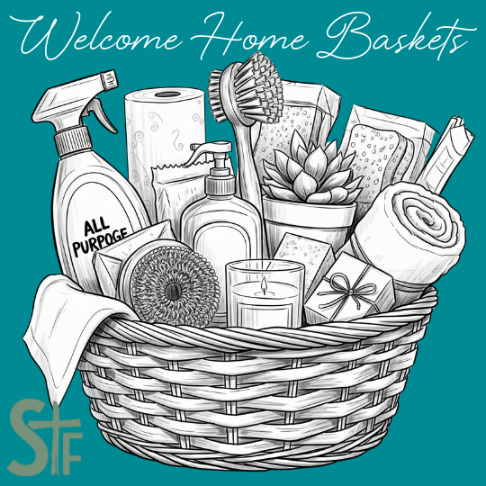 A basket filled with cleaning supplies, towels, a plant, a candle, and a gift box, with the text "Welcome Home Basket" at the top.