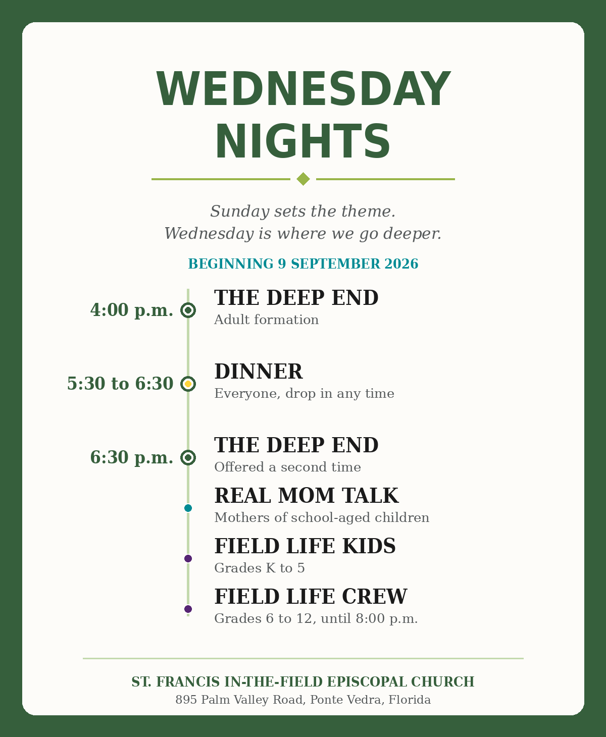 Schedule of activities for Wednesday nights at St. Francis In-The-Field Episcopal Church, including adult formation, dinner, talks, and children's programs, starting September 9, 2026, at 895 Palm Valley Road, Ponte Vedra, Florida.