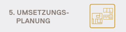 Symbol einer Küchenplanung und die gefertigte Küche und der Text: 'Umsetzungsplanung' dazu.