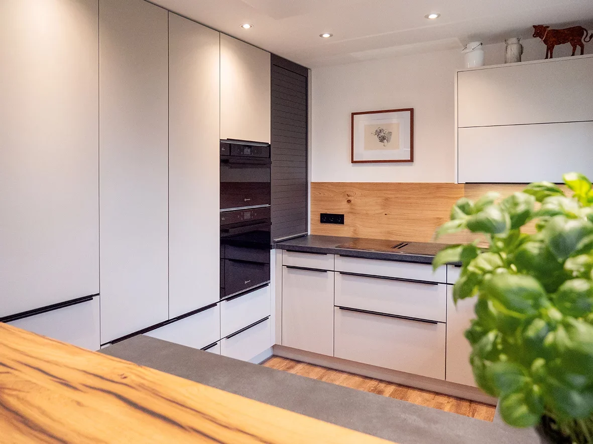 KÜCHE SARAH UND JOHANNES: GRAUE ACRYL-GLASFRONT TRIFFT WILDEICHE