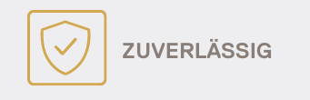 Symbol eines Häkchens in einem Schild, daneben der Text 'ZUVERLÄSSIG'