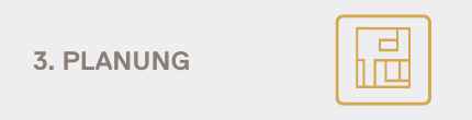 Das Bild zeigt den Text '3. PLANUNG' neben einem rechteckigen Icon mit geometrischen Linien, die eine zeichnerische Planung einer Küche darstellen.