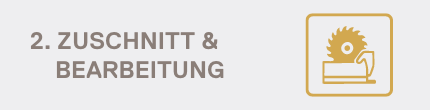 Symbol eines elektrischen Sägeblattes, Text daneben: 'Zuschnitt und Bearbeitung'