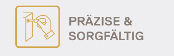 Symbol eines Hand, die eine Schraube in ein Holzbrett schraubt, daneben der Text: 'Präzise & Sorgfältig'