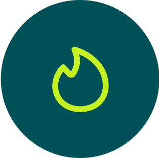 A stylized flame icon in neon green on a dark teal circular background.