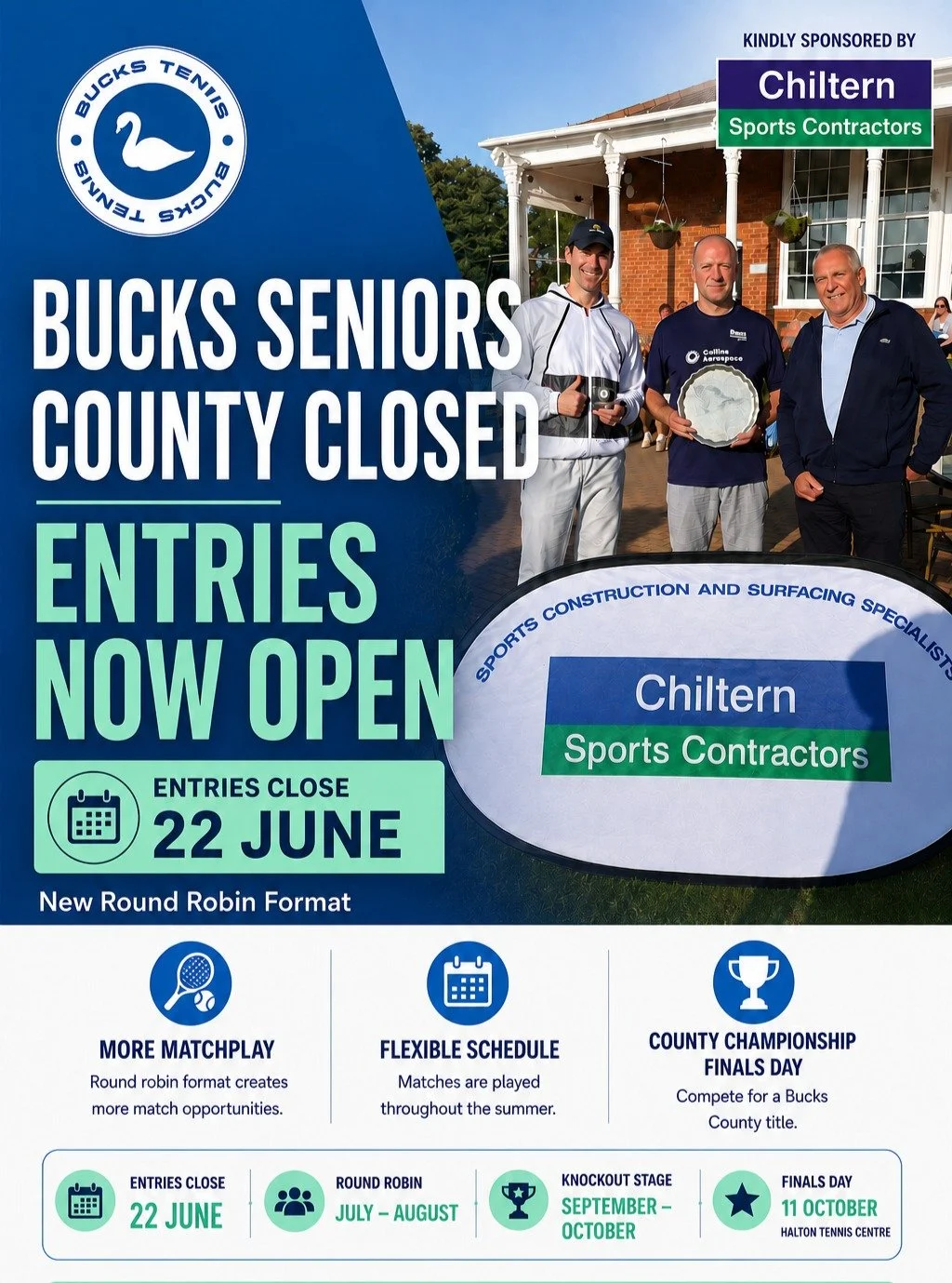 The Bucks Seniors County Closed, sponsored by Chiltern Sports Contractors, is now open for entries. Any Bucks-based players can enter on the LTA competitions site, the link is in our bio!

Entries close on the 22nd June, please share this with any pl