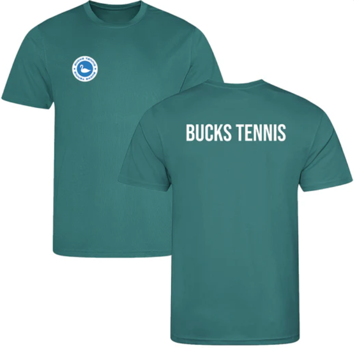Teal sports T-shirt with a small logo on the front and 'BUCKS TENNIS' written on the back