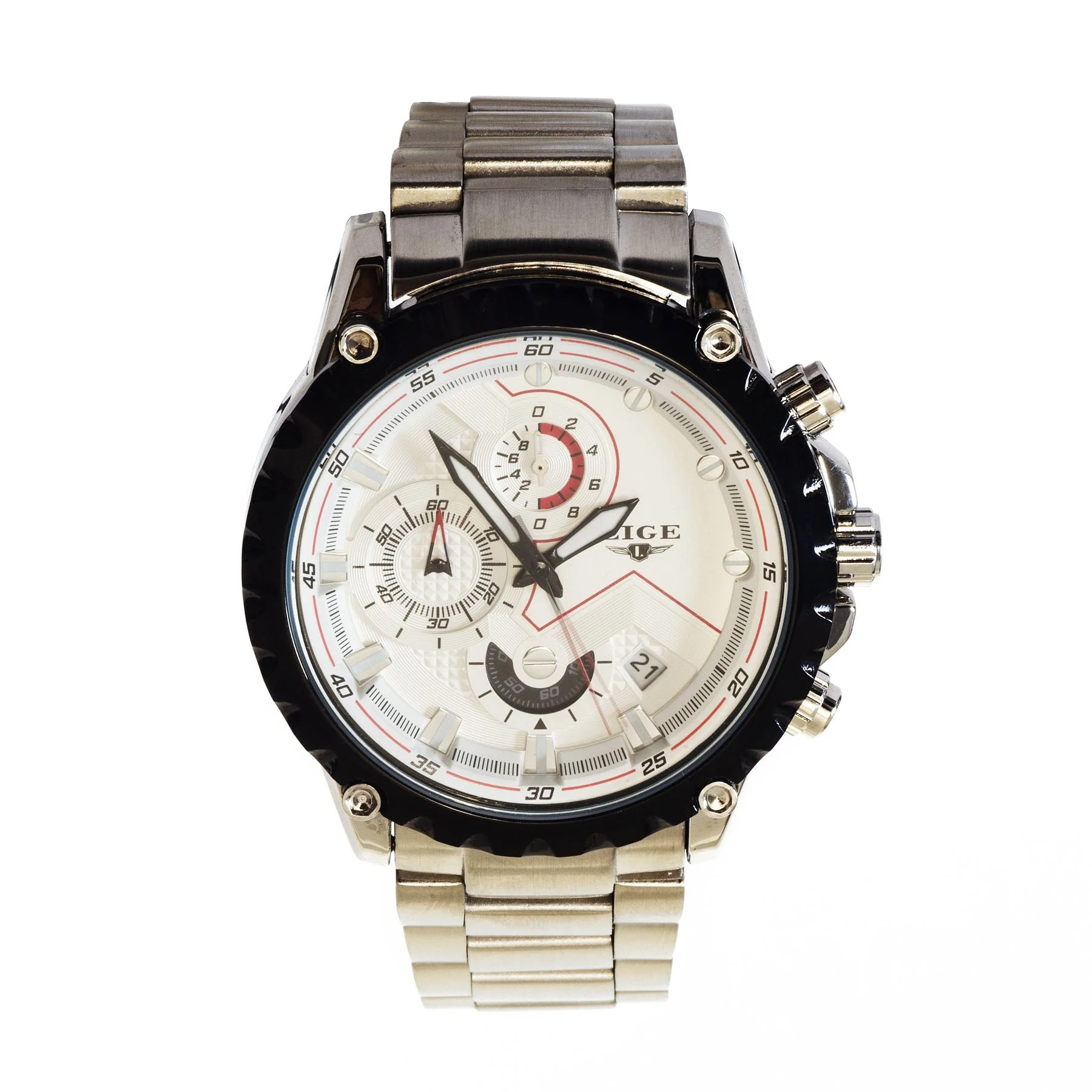 A luxury men's wristwatch with a round face, metallic band, and multiple subdials displaying time, seconds, and date.