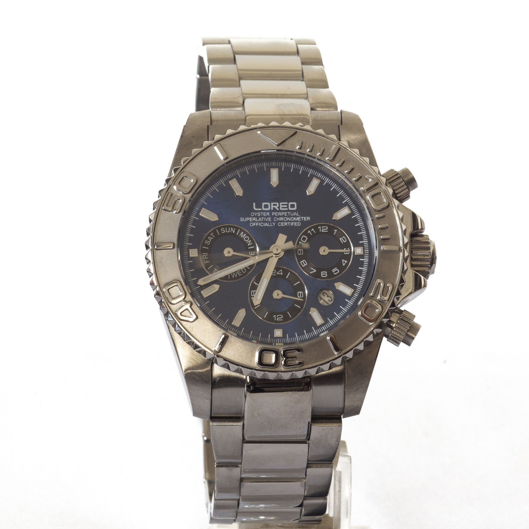 Silver wristwatch with black dial, multiple subdials, and a rotating bezel.