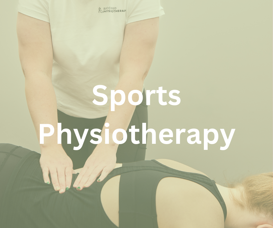 A physical therapist performing abdominal massage on a patient lying face down, with the words "Sports Physiotherapy" overlayed.