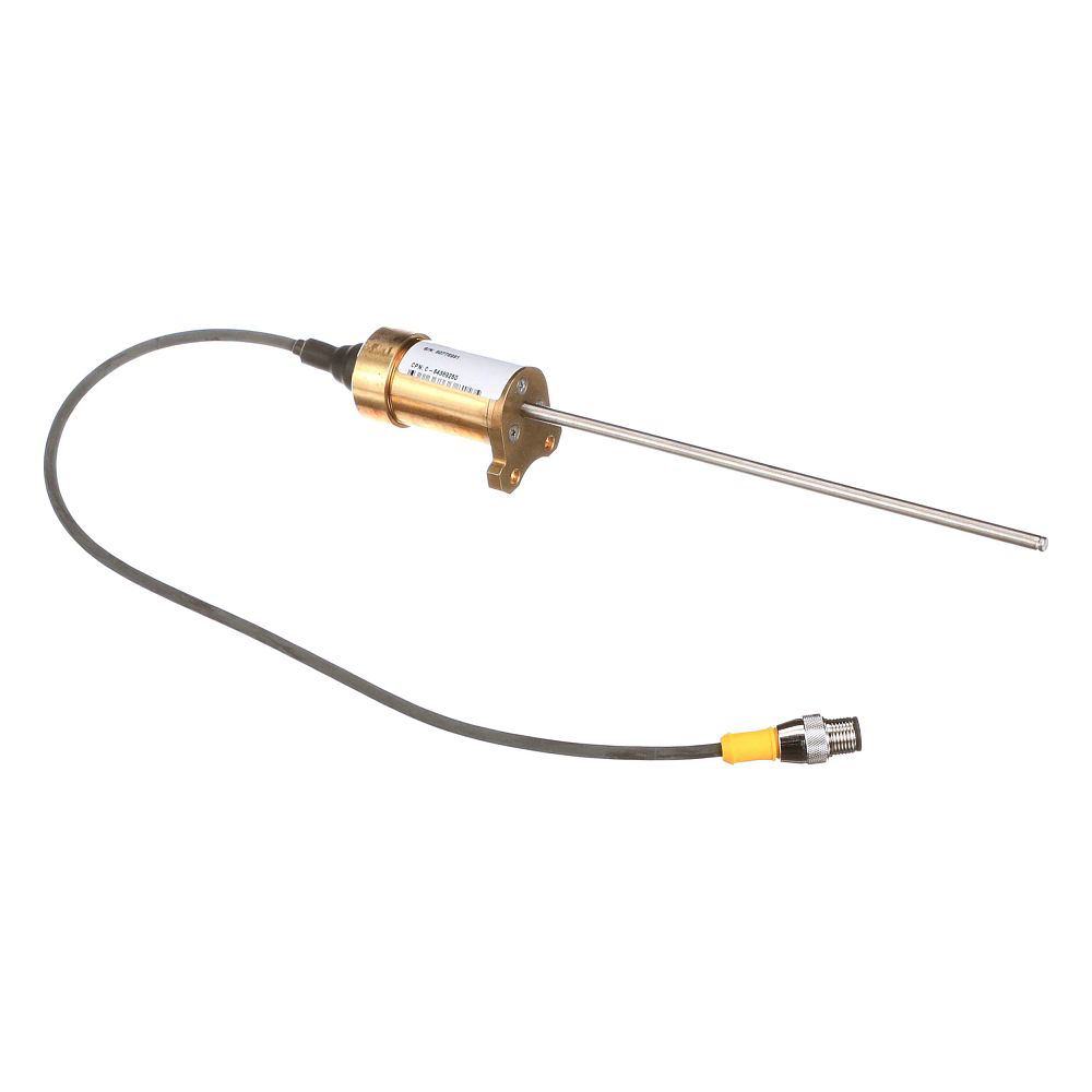Sensor de temperatura com haste longa, conexão elétrica e componentes metálicos