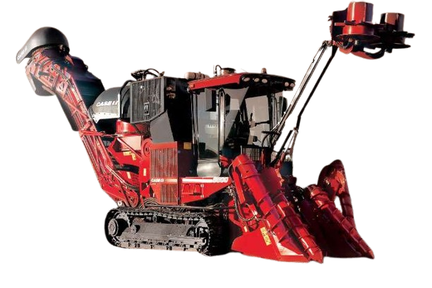 Este é um equipamento agrícola, possivelmente uma colheitadeira com cabine e lâminas de corte na frente.