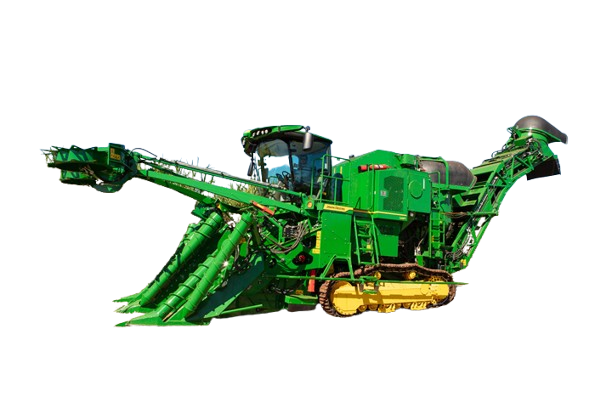 Colheitadeira agrícola verde vista de lado.