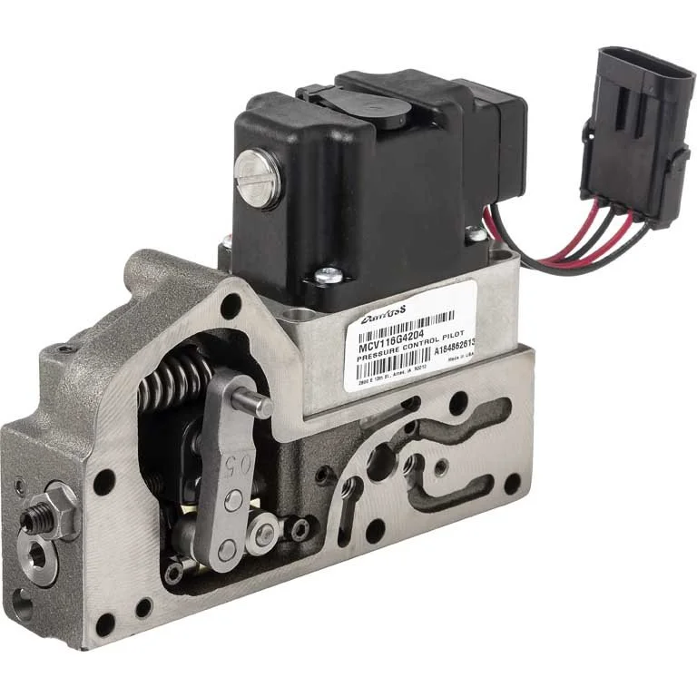 Válvula de controle de pressão automotiva, com partes metálicas e um módulo eletrônico conectado por fios.