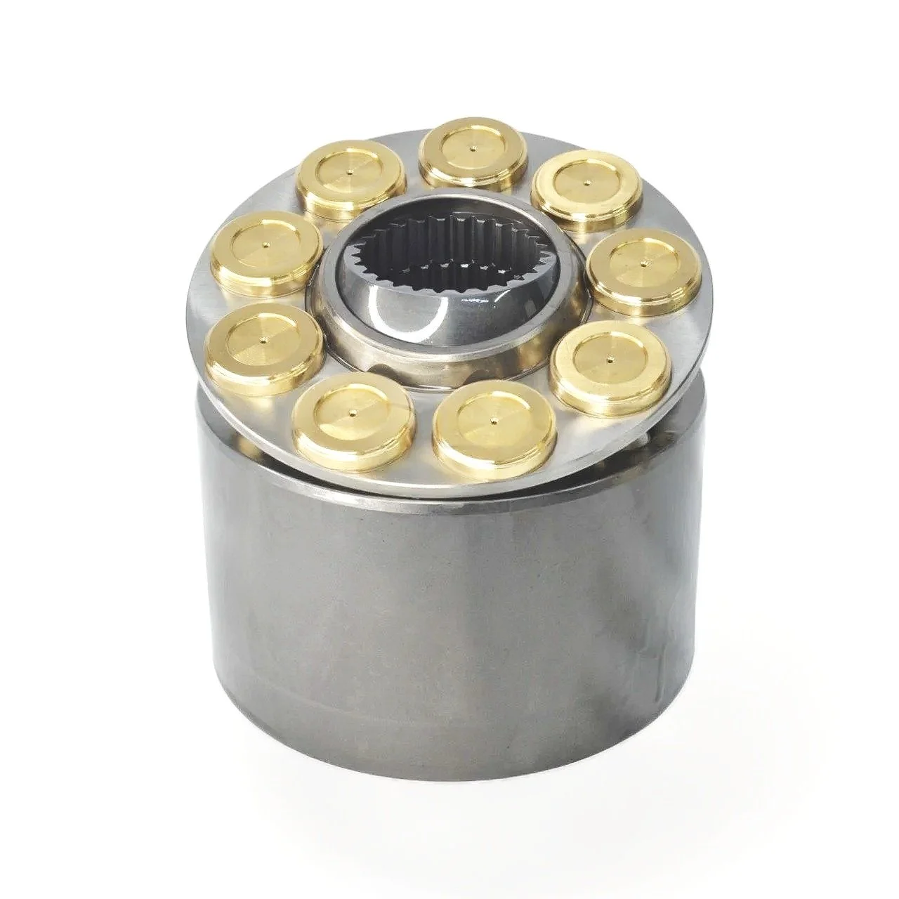 Rolamento de direção com elementos de metal e anéis de plástico dourados.